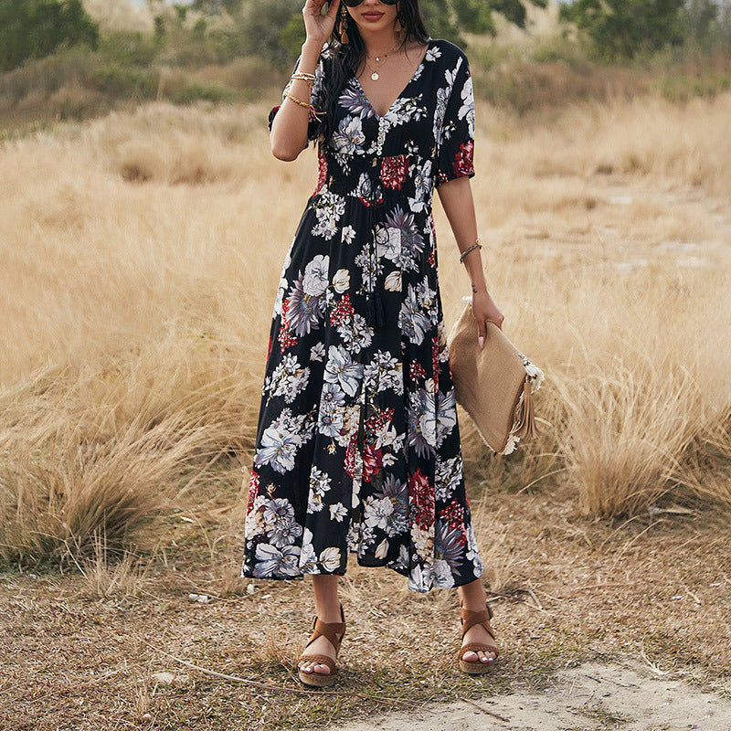 Women's Floral V-Neck Beach Dress – Elastic Waist Summer Maxi Dress with Lightweight Fabric